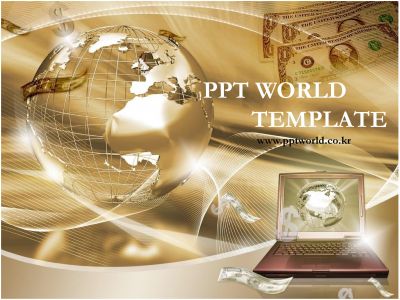 지구본 노트북 PPT 템플릿 금빛의 달러와 지구본 지구본 그래픽